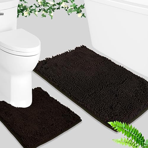 Image of BOANKODU Bathroom Mat Sets 2 Piece, Absorbent Non-Slip Very Soft Chenille Mat, 32x20 Inch + 20x20 Inch U Shape, Machine Washable (Coffee)