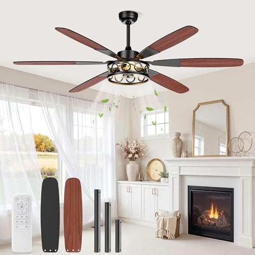 Image of Ceiling Fans with Lights and Remote, 62'' Vintage Caged Ceiling Fan with Light, 6 Blades, 6+1 Speed, Flush Mount Ceiling Fan Whisper-quiet for Farmhouse, Living Room, Kitchen and Porch (62 Inch)