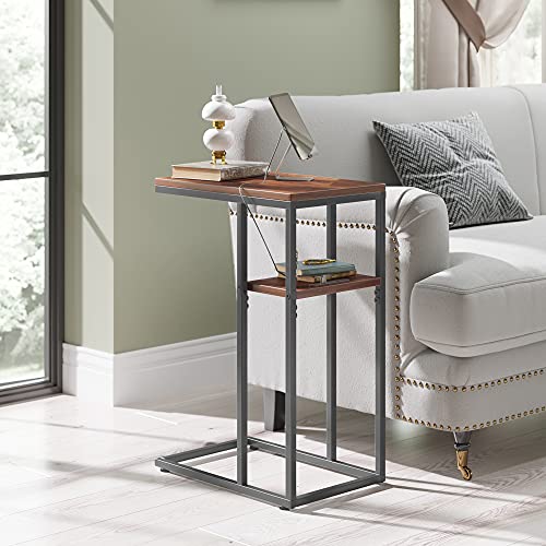 Cubicubi Snack Side Table With Outlet, C Shaped End Table With Usb For Sofa And Bed, Small Side Couch Table For Living Room Bedroom With Charging Station, Simple Assembly, Deep Brown #TOP3