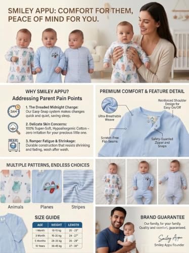 Image of 100% Cotton Baby Rompers /Sleepsuits /Jumpsuit /Night Suits for Baby Boys & Girls, Infants, New Borns
