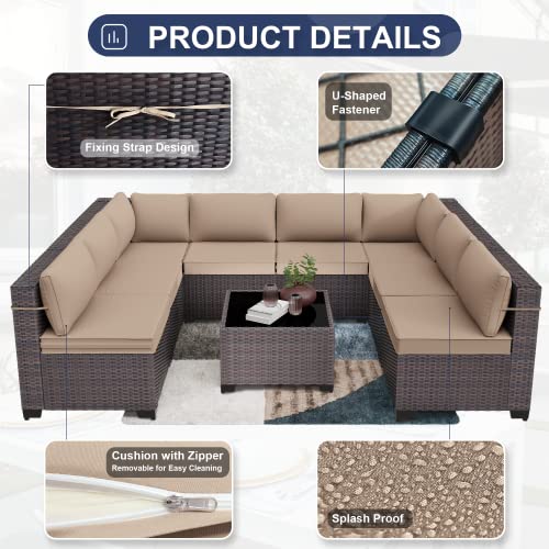 Delnavik Patio Furniture Set 9-Pieces Outdoor Furniture For Backyard Wicker Sectional Sofa Set, Rattan Patio Conversation Set With Thickened Cushions And Glass Coffee Table, Sand #TOP2