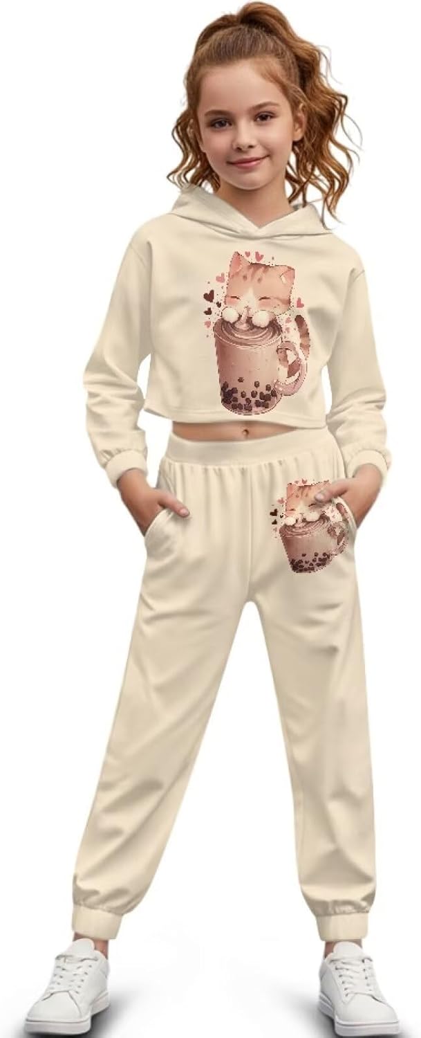 Girls Clothes Two Piece Set Long Sleeve Crop Hoodie and Sweatpants Set 4-13Y