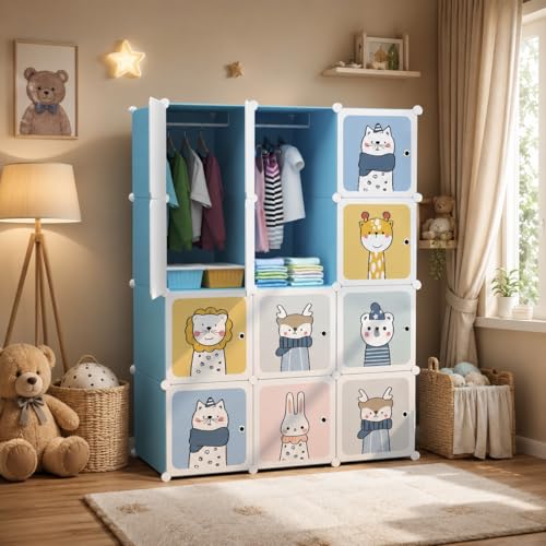 Image of Mevigo Foldable Plastic Wardrobe for Clothes - 12- Door Baby Cupboard for Clothes Storage, Wardrobe for Kids, Plastic Almirah, Collapsible Wardrobe for Kids Livingroom & Home (Blue-KTF1, 12- Door)