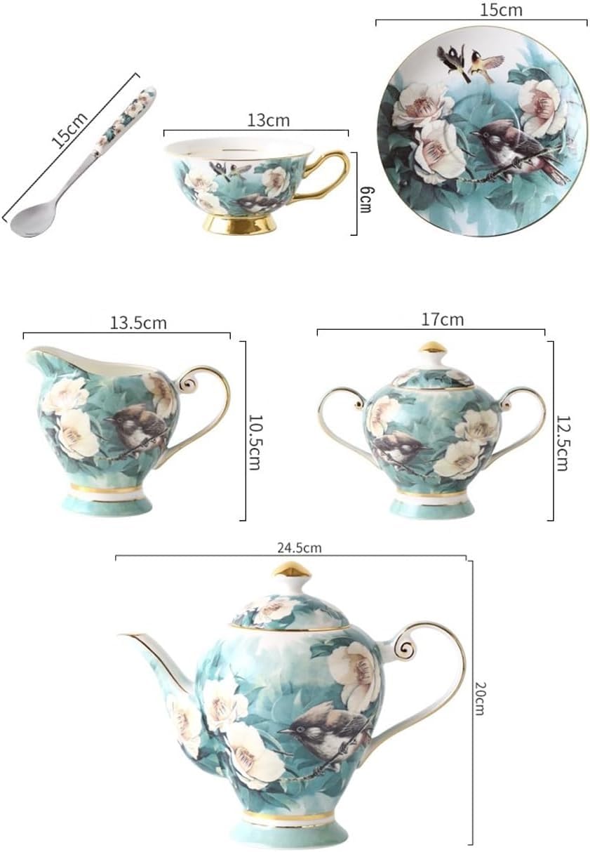 15-częściowy zestaw porcelanowych dzbanków do kawy, zestaw do herbaty z porcelany kostnej, kubki, spodki i łyżki dla 6 osób, wykwintne zestawy porcelany na popołudniową herbatę z cukierniczką i