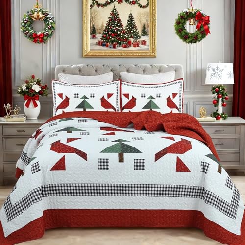 MarCielo 3 Pieces Cardinals Quilt Set Christmas Tree Bedspread Set for All Season,Soft Geometric Coverlet Reversible Bedding Set with 2 Matching Pillow Shams