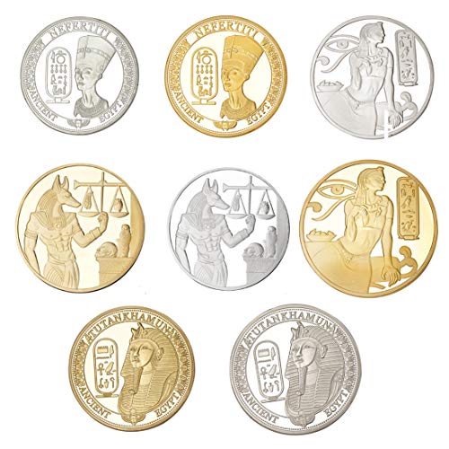 Juego de 8 monedas de arte de Tutankamón, Nefertiti, Diosa Isis/Egipto Anubis Pirámides Mitología