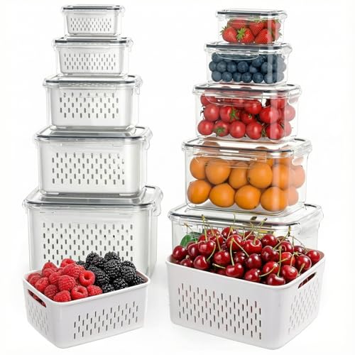 5 PCS Fruit Storage Containers for Fridge, Leakproof Produce Containers for Fridge with Removable Colander, All-In-One Fruit Containers Stainers Berry, Fruits, Vegetables, Salad Keeper Local Stock