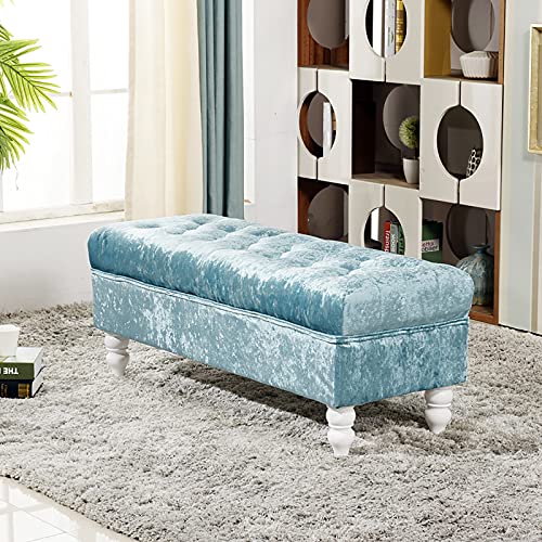 Pouf haut de gamme en velours capitonné bleu ciel et coffre de rangement de luxe