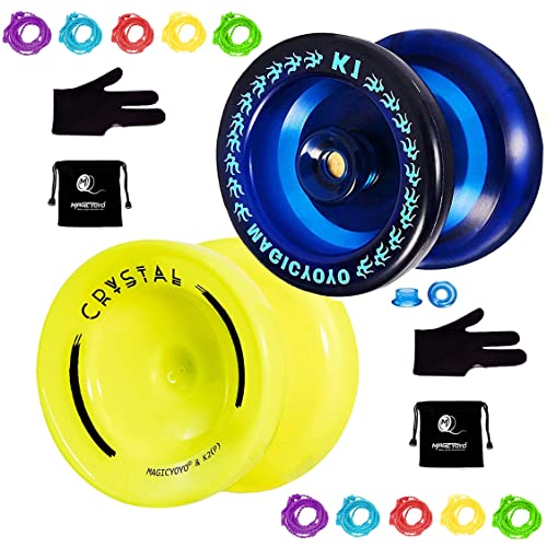 MAGICYOYO K1 Dark Blue & K2 Yellow Responsive Plastic Fingerspin Yoyo for Kids Beginners Yo-Yo with 2 Yoyo Gloves, 2 Yoyo Bags, 10 Yoyo Strings