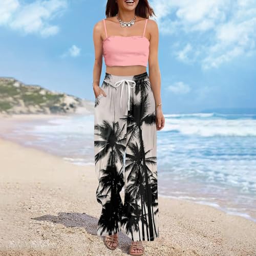 Boho Palazzo Pants for Women 2025 Summer High Waist Wide Leg Floral Print Casual Trousers with Pockets2
