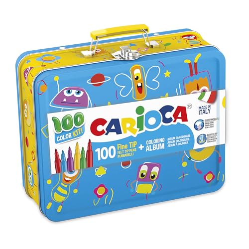 CARIOCA Joy Colors + Livre de Coloriage, boîte métallique avec 100 marqueurs à pointe fine 2,8 mm, encre super lavable, 3 variantes de couleurs, fabrication italienne kit créatif complet pour enfants