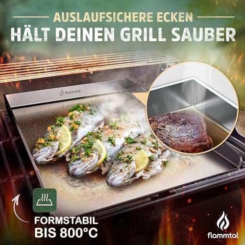 flammtal - Grillplatte aus 4mm rostfreiem Edelstahl [40 x 30cm] - Plancha mit Grillspachtel Set & Burgerpapier - passend für Gas- & Kohlegrill - auslaufsichere Ecken für sauberes Grillen