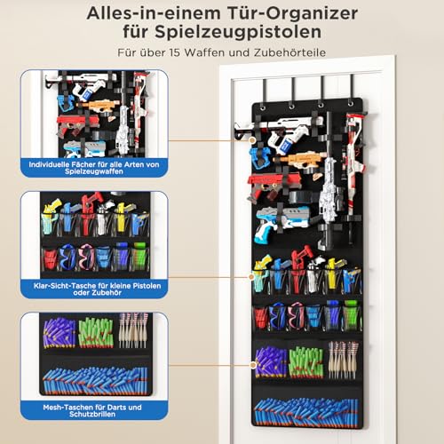 Über-der-Tür-Organizer für Spielzeugpistolen, Aufbewahrungstasche mit Fächern & Klettbändern – für Schaumstoff-Blaster, Darts, Schutzbrillen – Platzsparender Türorganizer für Kinder- & Spielzimmer