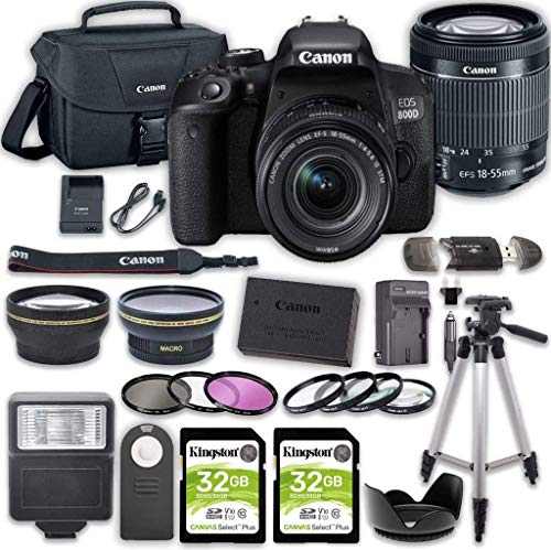 Canon EOS 800D (Rebel T7i) DSLR Camera Bundle with 18-55mm STM Lens + 2pc Kingston 32GB Memory Cards + Accessory Kit