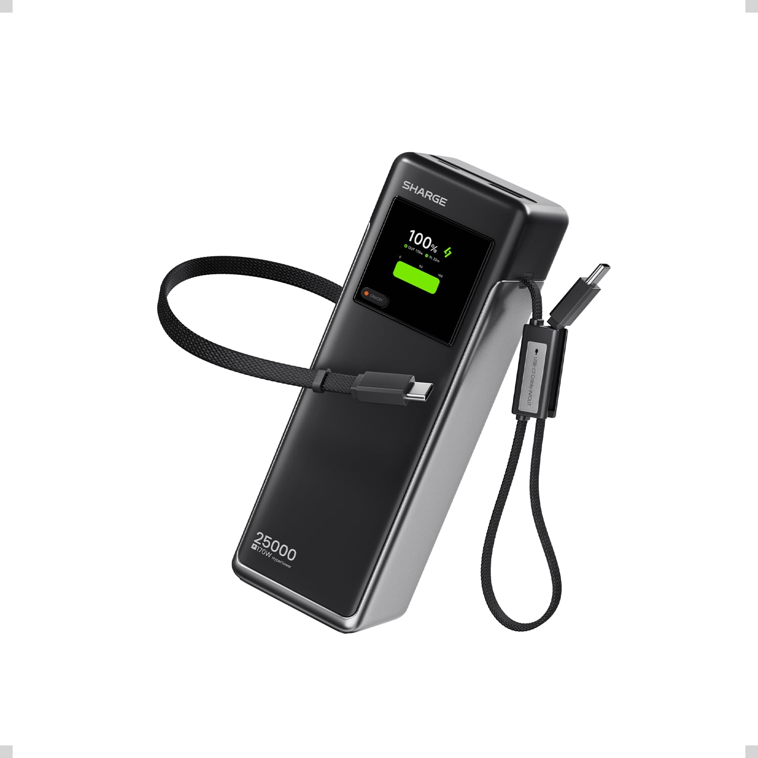 SHARGE 170W Laptop Powerbank 25000mAh mit TFT Display und 4 Anschlüssen | HyperTower 170 mit 2 ausziehbaren USB-C-Kabel, 3x USB-C + 1x USB-A, Schnellladen tragbares für Reisen/Büro für MacBook Pro