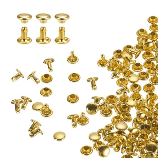 QUARKZMAN 100er Set Leder Nieten 6x6mm Runde Doppelkappe Tubular Metall Hohlnieten Spitznieten Zubehör Schraubnieten Rücknieten für Lochzange Gürtel Dekoration Kleidung Handwerk (Gold)