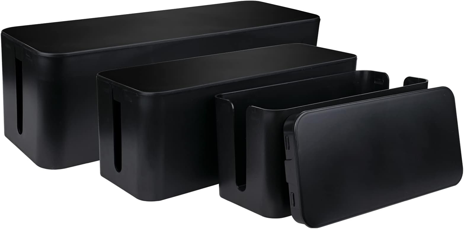 Suwimut Set of 3 Cable Management Box, 3 Size Cord Hider Box Cable Organizer Box to Cover and Hide Surge Protector, Power Strips, Cords from TVs Computers on Desk or Floor - Black