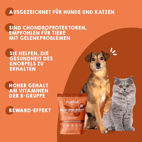 Grünlippmuschel für Hunde und Katzen Natürlicher Snack für die Gelenke mit Omega-3-Glucosamin MSM Fördert die Beweglichkeit der Gelenke und des Knorpels. Ohne Zusatzstoffe | MAIKAI
