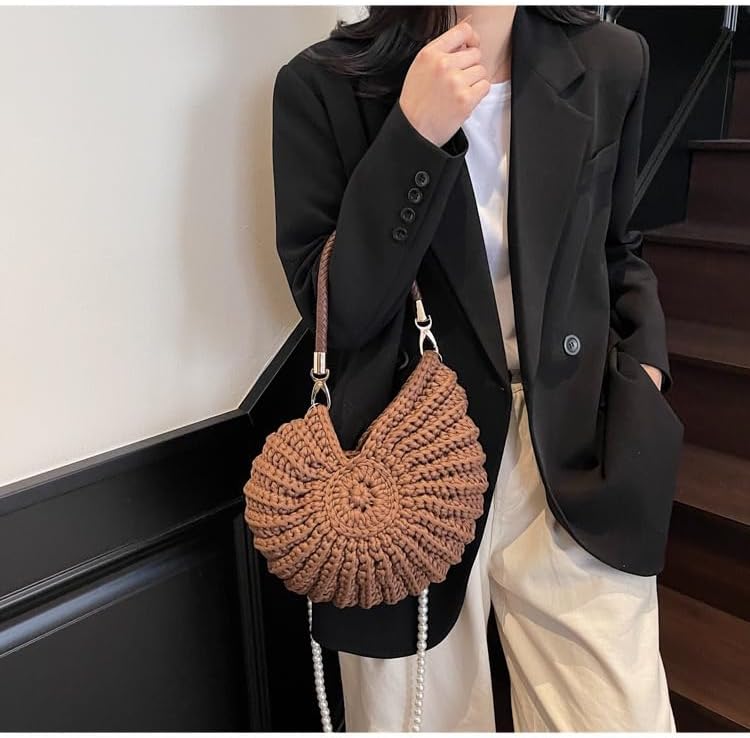 Handwoven Fashion Seashell Bag Stylish & Unique Boho Clutch with Pearl Strap Leather Handle & Premium Hardware - Image 3