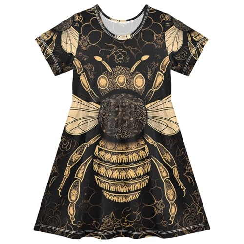 Girls Summer Dress Yellow Bee on Black Toddler Short Sleeve Dress Casual Kids Dress, 2T