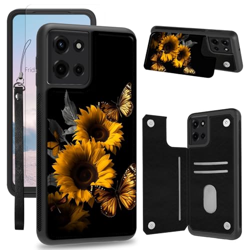 Étui Moto G 5G 2025 portefeuille avec porte-cartes et dragonne motif tournesols