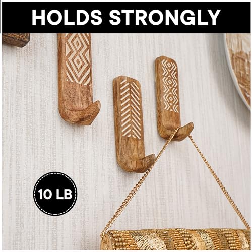 IndianShelf 3 Wall Hooks - Decorative Hooks for Hanging - Adhesive Hooks for Hanging - Decorative Wall Hooks - Wooden Coat Hooks - Modern Wall Hooks - Wooden Wall Hooks - Strong Adhesive Hooks