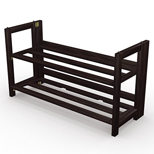 Stony-Edge No Assembly Folding Shoe Rack Organizer, 2 Shelves, Home Shoe Storage Bench, Quality Furniture. Espresso Color. 28” Wide.