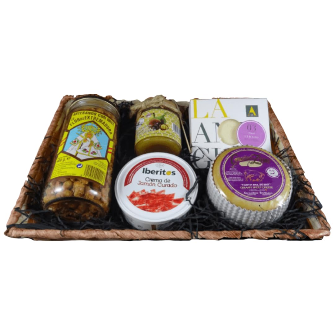 Cesta Gourmet Badajoz Sin lactosa Cacahuetes Artesanos Mermelada de Castañas Paté de Jamón Curado Queso Torta de Oveja Cremositos del Zújar Queso Curado de Oveja Cesta Regalo Bambú – CORAZON EXTREMEÑO