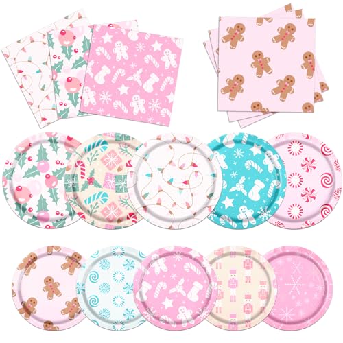 60Pcs Pink Merry Christmas Party Tableware - Paper Plates, Napkins & Winter Xmas Theme Decorations for Retro Christmas Holiday - Gingerbread Party Favors (20 Guest)