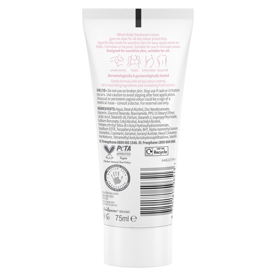 Deodorant Dove Creme Whole Body Deo 75ml, Ganzkörper-Deodorant, Himbeer- und Rosenduft, Geruchsschutz bis zu 72 Stunden, Dermatologisch getestet, Gynäkologisch getestet (Packung mit 2)