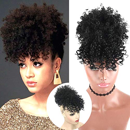 KAASMEYA Afro Puff Drawstring Ponytail Updo Bun With Bangs Hairpieces For African American Women Natural look,Afro Wig ponytail With Bangs Short Kinky Curly Wrap Synthetic Drawstring Hair Extensions