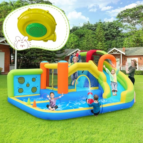 Château Gonflable Enfant 8-en-1 avec Toboggan, Trampoline & Parc Aquatique - Aire de Jeux Mixte (Sec/Humide) - Cage de Foot, Basket & Mur d'Escalade Souffleur...
