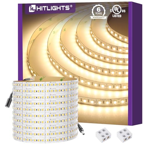 HitLights LED Strip Lights Warm White 3000K, 16.4ft Premium High Density 24V Tape Light, 600 LEDs, 426 LM/FT, CRI 90+, IP30, Lighting for Kitchen, Under Cabinets, UL Listed (Power Source Not Included)
