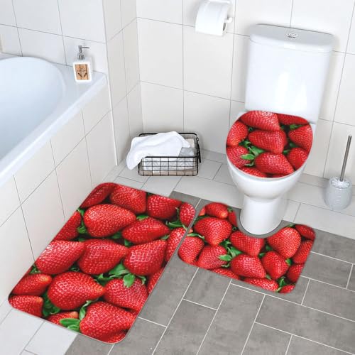 トイレマット イチゴ柄 いちご 苺 バスマット 3点セット ふたカバー 吸水 おしゃれ 滑り止め トイレ床マット カーペット フタカバー 便座カバー U型 O型 兼用 浴室 家庭用
