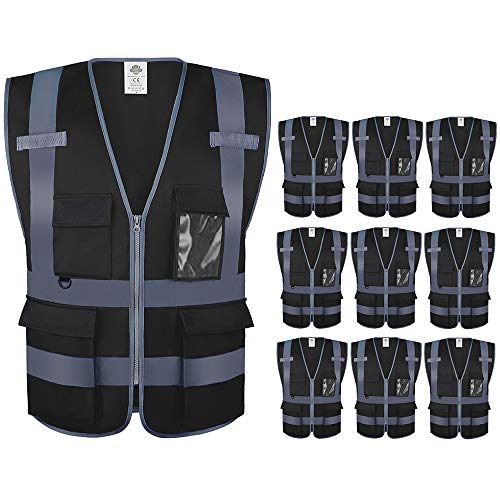 Best Cyber Deals 🔥 Dazonity High Visibility Safety Vest with Multi Pockets and Zipper , 10 Pcs,Reflective Strips, Fit for Men & Women, Work, Construction,Cycling, Runnning, Surveyor, Volunteer ( Black-2XL)