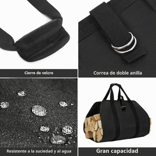 Miniatura 3 de Zonsuse Bolsa De Transporte Para Leña De Lona, Bolsas De Leña Para Chimenea, Bolsa De Leña Almacenamiento Plegable, Accesorios Para Estufa, Para Interior Y Exterior, Camping, Playa, Hoguera Negro