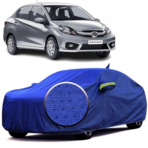 Image of YEARWELL 100% Waterproof 'BlueMax' Car Body Cover for Honda Amaze (2013-2017) with Mirror Pocket, Heat & UV Protection, Triple Stitched, Soft Lining, Full Bottom Elastic & Reflective Radium (Blue)