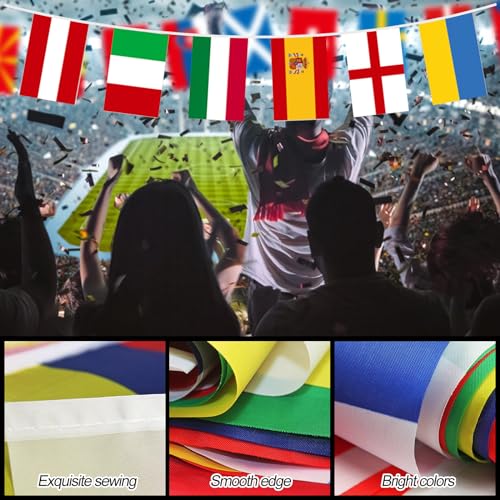 EM 2024 Wimpelkette Stoff Outdoor Fussball EM 2024 Flaggen Deko 24 Länder Fahnen Wimpelkette Europa Doppelseitige Wimpelgirlande Flaggenkette Fußball EM 2024 für Bar Party Garten Deko (20 x 28 cm)