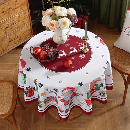auons Christmas Tablecloth Round 60 Inch, Snowflake Santa Claus White Washable Table Cloths Christmas Decorations - Image 3