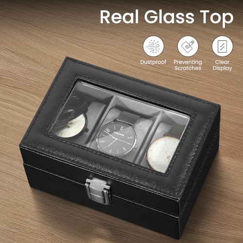 Image of Uten 3-Slot Watch Box, PU Leather Watch Case with Glass Lid, Watch Holder Organizer with Soft Pillow and Velvet Lining, Watch and Jewelry Storage Box