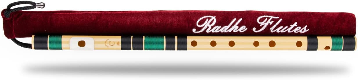 Radhe Flutes | C Natural Right Handed Middle Bansuri | Black & Dark Green | Tuned With Tanpura A=440Hz | PVC Flute + Velvet Cover + Hindi & English Flute Lessons
