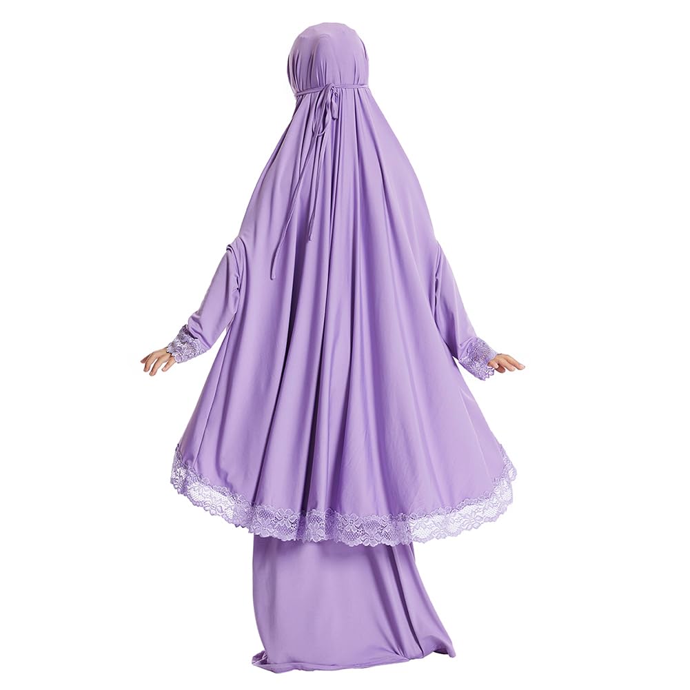 Kids Prayer Dress: Muslim Clothes for Girls Long Sleeve Full Cover Lace Hijab Two-Piece Dress Modest Islamic Maxi Abaya Kaftan Dubai Arabian Jilbab Eid Ramadan Thobe Purple 7-8 Years