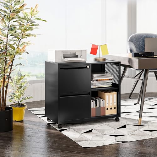 Image of SISESOL 2 Drawer File Cabinet with Lock and Shelf,Mobile Lateral Filing Cabinet,Metal Filing Cabinets with Open Storage Shelves Organizer for Home Office Fit Legal /Letter A4 Size (Black)