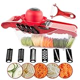 6-en-1 Spiralizer and Mandoline: esta cortadora de mano ofrece toda la funcionalidad de múltiples electrodomésticos con 6 cuchillas intercambiables de acero inoxidable. Estas cuchillas pueden cortar todo tipo de vegetales, rallar queso, rebanar papas y cortar frutas, incluso pueden crear verduras similares a pasta o puré de papas.