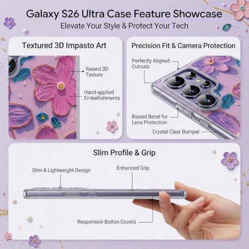 Image of Elzzi Compatible with Samsung S26 Ultra Case Laser Flower Oil Painting Cute Colorful Blue Ray Bumper with Full Camera Protection Shockproof PC+TPU Glossy Shiny Cover for Girls Women, Pink & Purple