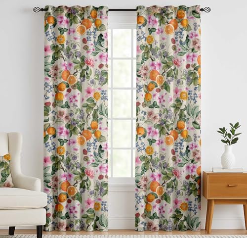 Vargottam Cotton Canvas Curtains - 90" Long Drapes for Tall Windows or Balcony Doors - Set of 2 Panels, 52"x90" - Light Filtering Rod Pocket/Back Tab Drapes, 3-in-1 Hanging - Fruits Design (Beige)