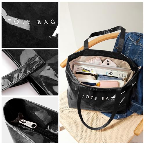 Image of KALIDI PVC Zipper Tote Bag, Jelly Kraft Paper Beach Bag Large Hobo Carry All Travel Shopping Handbag Plastic Shoulder Bag