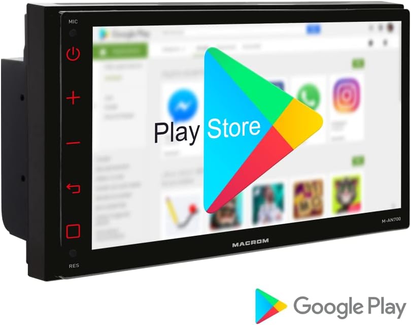 Google Play Store interface shown on the MACROM M-AN700 car stereo screen.