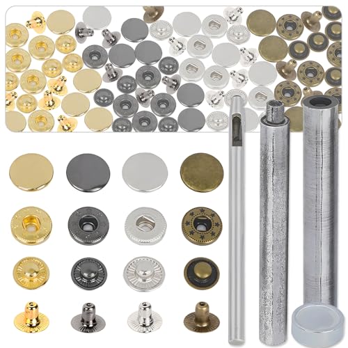 CNYMANY - 80pcs Steel Snap, CNYMANY 0.59in Snap Fasteners Kit with 4 Setter Tools, Metal Fabric Snaps Heavy Duty Snaps Button Press Stud Cap for Jackets Clothes Wallet Leather Boat Canvas DIY Craft - 20 Set - -13%
