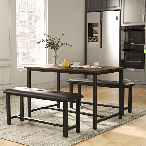 GarveeMore Juego de Mesa y sillas de Comedor   con 2 Bancos de Cuero Acolchado Negros 112x27x47 cm, Mesa de Madera Vintage 112x70x112 cm, Estructura metálica, Capacidad para 4 Personas